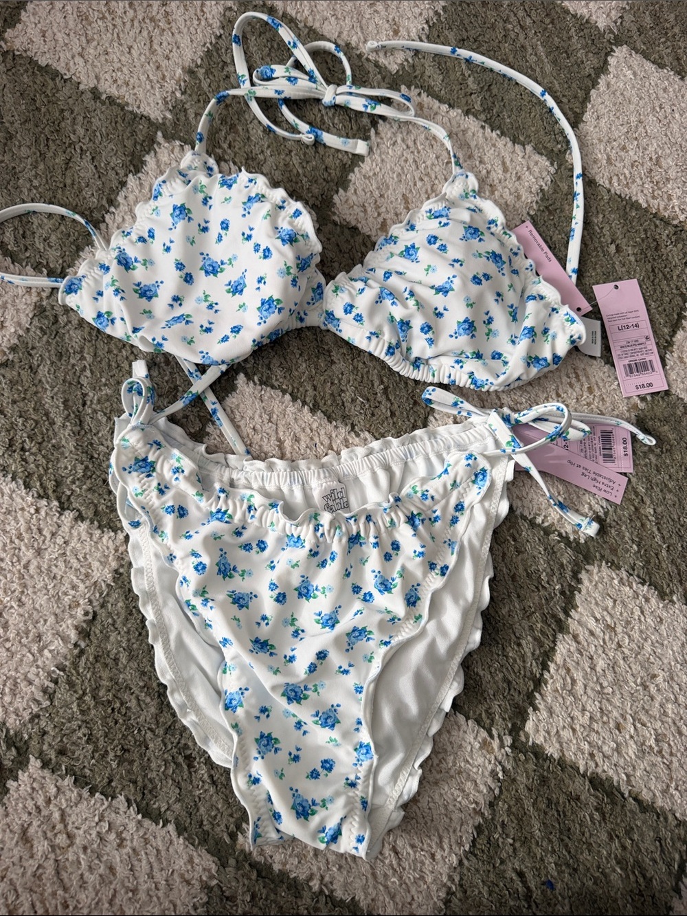 White Floral Tie-Side Bikini Set with Blue Flower WILD FABLE Print NWT